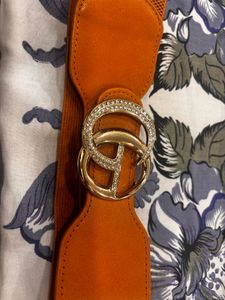 Orange Elastic Belt with Gold & Crystal Buckle