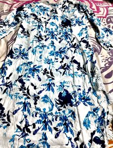 Blue Floral Print Kurta with Lace Trim