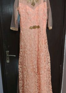 Peach Net Heavy Embroidery gown with dupatta, pant