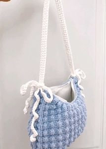 Cream Crochet Hobo Bag with Pink Ribbon