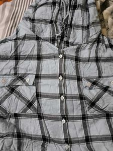 Light Blue Plaid Cropped Hoodie Shirt