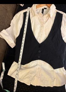 Chic Button-Up Shirt with Black Vest