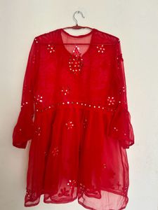 Red Mirror Work Chikankari Kurta