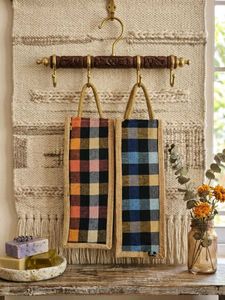 Set of 2 ~  Plaid Jute Pouches/ Water Bottle Bags