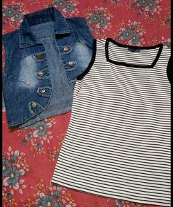 Denim Vest &amp; Striped Top Set