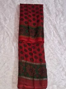 Red Printed Saree with Green Border without blouse