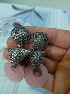 Boho Silver &amp; Pink Stone Drop Earrings