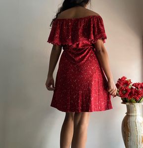 Maroon Floral Off-Shoulder Dress