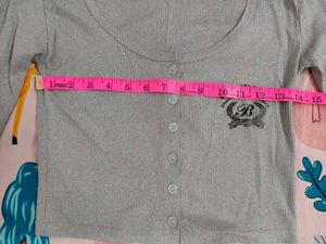 Grey Cropped Ribbed Button-Up Top