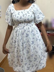 White &amp; Blue Floral Smocked Puff-Sleeve Mini Dress