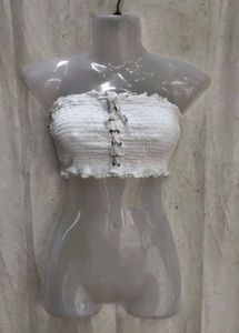 19138. White Smocked Tube Top with Lace-up Detail