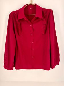 Chic Red Button-Up Ruffle Blouse