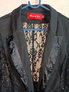 Trendy Black Lace Sleeve Blazer Top Sheer
