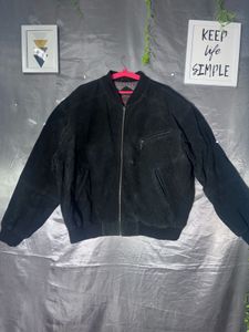 Black  suede leather full-zip bomber jacket