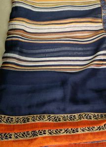 Orange &amp; Navy Blue Designer Silk-Look Saree with S