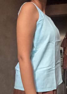 Blue  Sleeveless Zip-Front Top