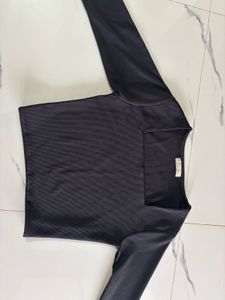 Black Ribbed Square Neck Long Sleeve Top