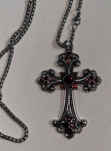 Gothic Cross Necklace with Red Gems