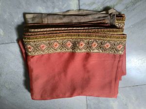 Coral & Gold Embroidered Saree