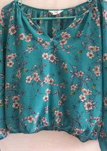 Teal Floral Print V-Neck Blouse