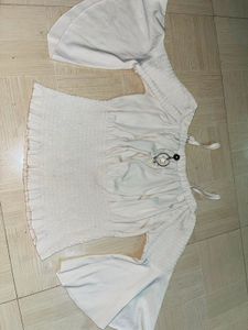 Off-Shoulder Smocked Cream Crop Top
