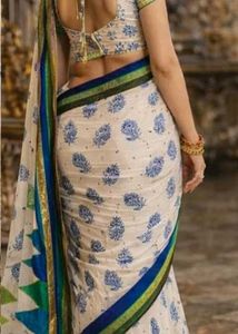 Elegant White Saree with Blue Print