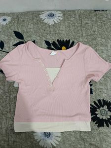 Pink Ribbed Henley Top with Cream Layer