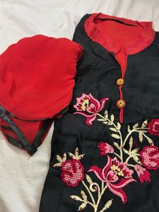 Elegant Black Kurta Set with Red Dupatta