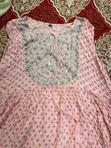 Pink Printed Kurta with Embellished Neckline
