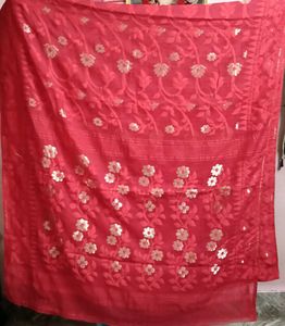 Red Saree with Gold Floral Print
