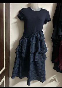Navy Blue Ruffled Plaid Dress