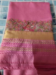 Beautiful Pink Embroidered Supernet Saree