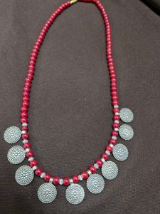 Boho Red Beaded Necklace with Coin Charms