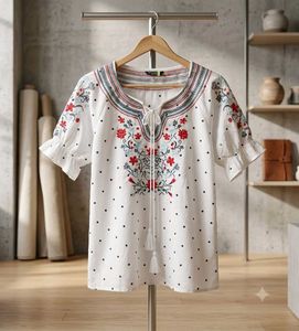 Embroidered White top with Tassel Tie