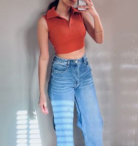 Sleeveless Ribbed Polo Crop Top