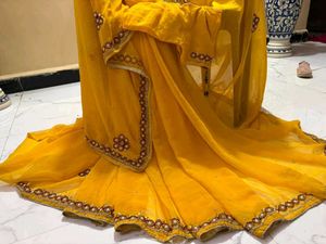 Beautiful Yellow pearl handwork saree
