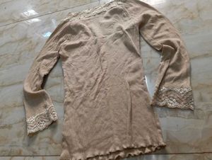 Elegant Beige Lace Trim Longsleeve Top