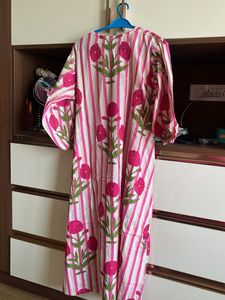 Vibrant Pink Striped Kurta with Floral Print
