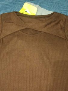 Brown Ribbed Long Sleeve Top