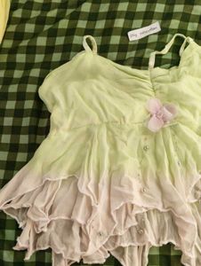 Fairycore green-pink ombre strap top