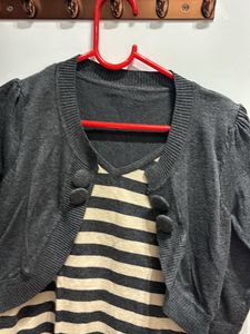 Striped Dress with Gray Cropped Cardigan