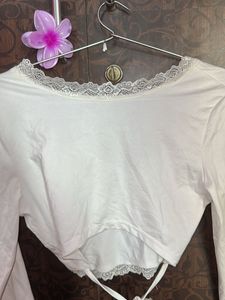 White Lace Trim Cropped Wrap Top
