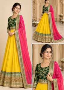 Designer Yellow, Emerald Green & Pink Lehenga Set