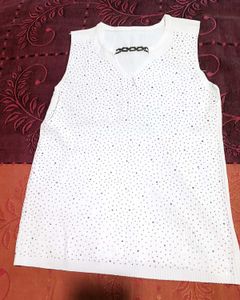 White Sleeveless Rhinestone Knit Tank Top