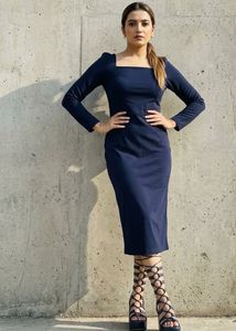 Elegant Navy Blue Square Neck Dress