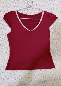 savana y2k Maroon V-Neck Top with Lace Trim