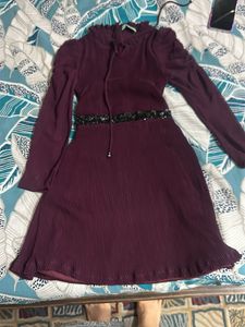 Elegant Plum Pleated Dress with Sequin Belt