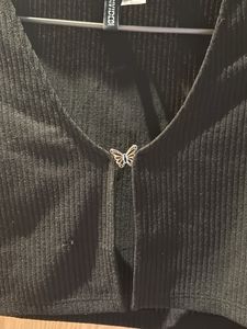 Black Cropped Ribbed Top with Butterfly Detail