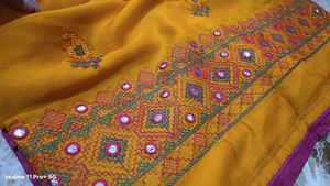 Yellow Embroidered Saree with Mirror Work