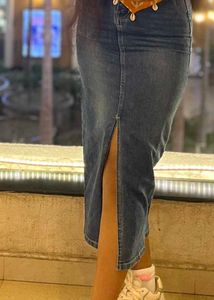 Denim Midi Skirt with Slit